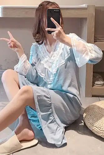 睡衣女春秋季纯棉长袖中长款公主风睡裙女冬韩版学生宽松家居服