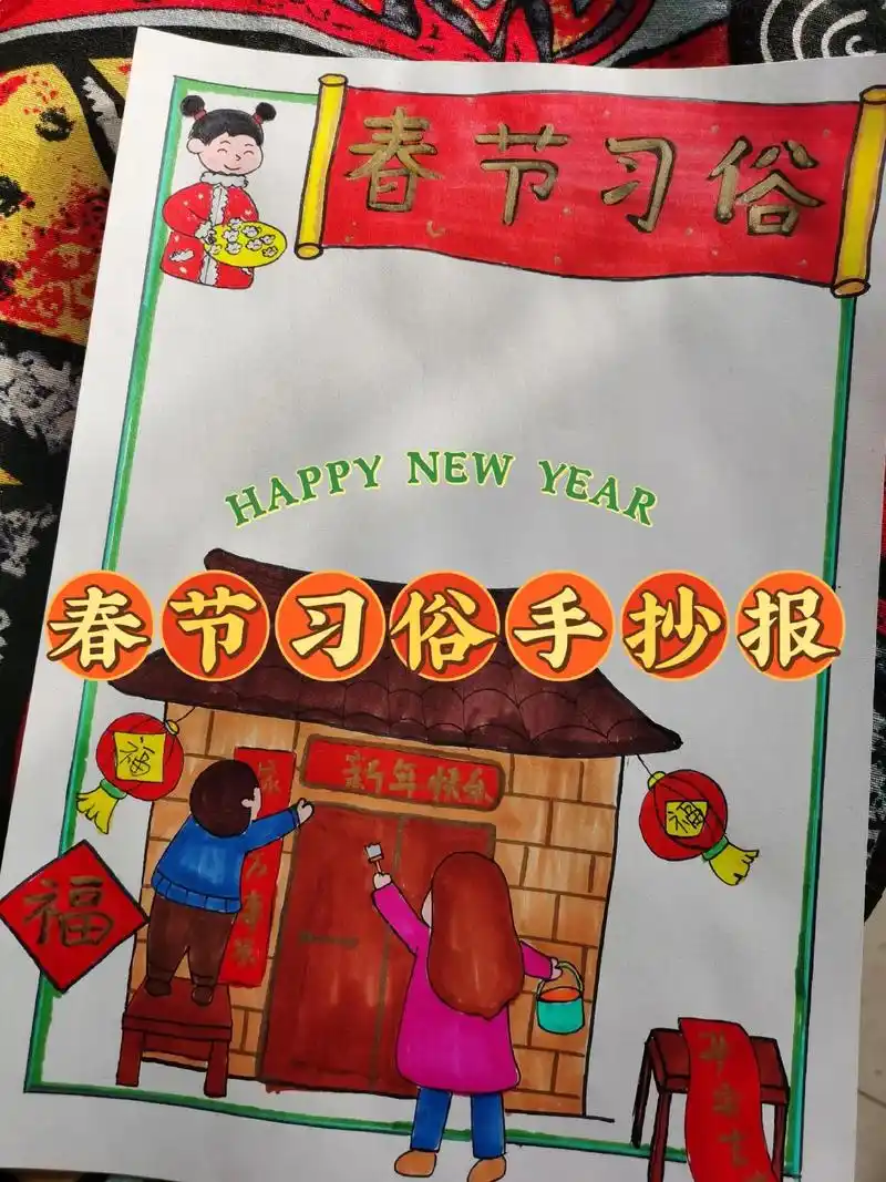 春节习俗手抄报(竖版)模板.#创作灵感 春节主题手抄报简单# - 抖音