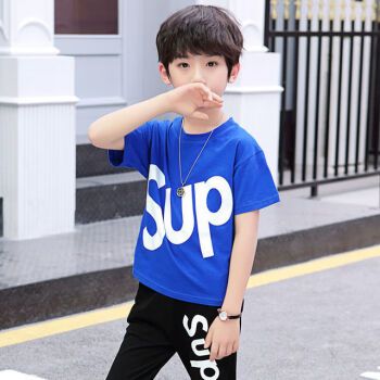套装9儿童10夏季衣服装11岁4蓝色字母上衣裤子120码建议身高1米1左右