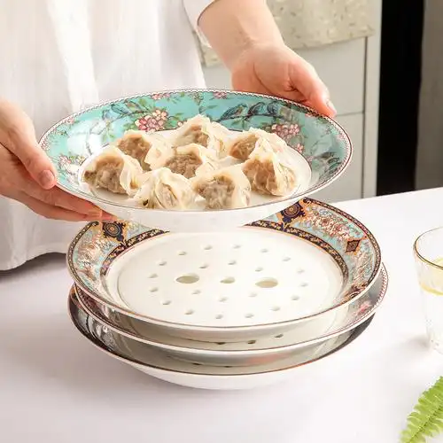 家用圆形蒸饺饺子盘沥双层专用水饺盘子厨房盘