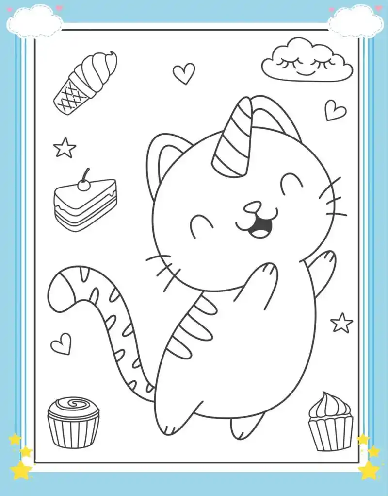 儿童涂色画.猫和独角兽涂色素材  线稿93打印#马克笔 #马 - 抖音