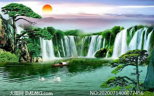 红日下的山水风景装饰画psd分层素材