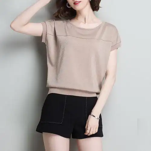 短袖t恤女装丅2021新款夏装宽松薄款t桖遮肚子冰丝针织衫短款上衣