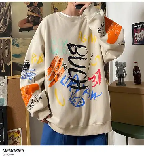 必展 卫衣男潮牌宽松高街涂鸦不带帽上衣欧美 外套潮ins 黑色 2xl