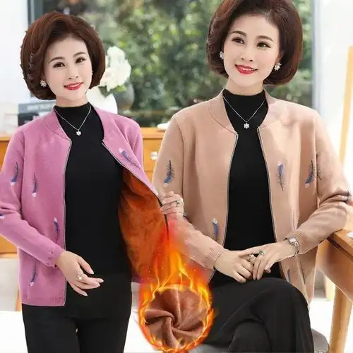 中年女装加绒外套妈妈秋装针织衫上衣新款中老年秋冬装毛衣厚开衫