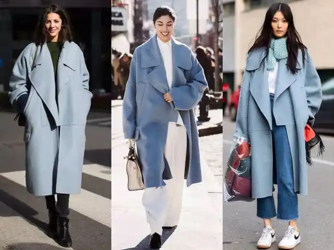 雾霾蓝大衣虽不同于黑白色系的大衣好搭配,但本身就足够别致的颜色能