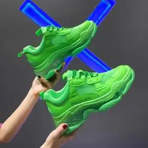 绿色鞋子女全绿老爹鞋绿荧光绿女鞋夏天网布透气休闲运动鞋网红