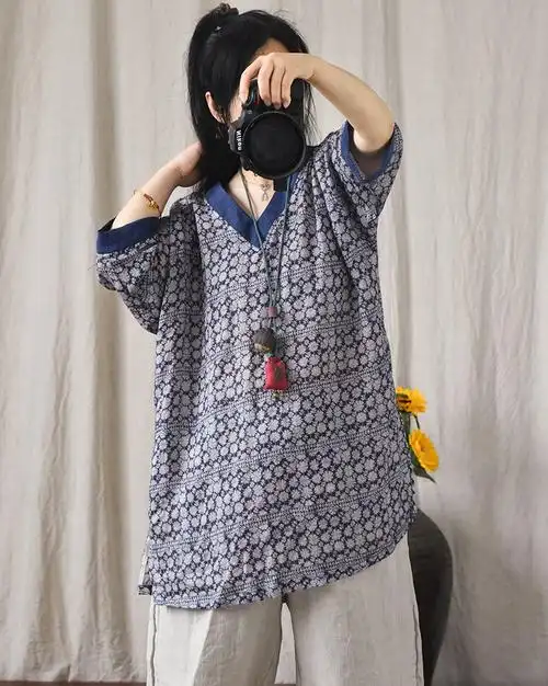 棉麻大码女装夏款v领文艺休闲上衣数码印花苎麻宽松中袖t恤