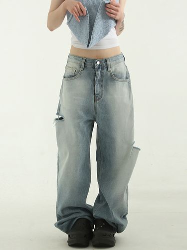 韩国代购23s/s unbalanced cutting brushed jean 裁剪破边牛仔裤