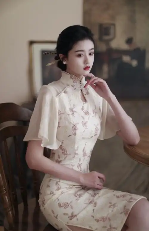 6339#实拍 春款粉色年轻款旗袍改良少女大袖复古碎花裙 控价 40 - 17