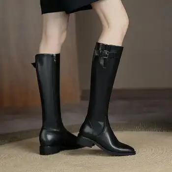 中长款鞋子女靴长靴女2022年新款秋季平底长筒靴女骑士靴直筒靴圆头女