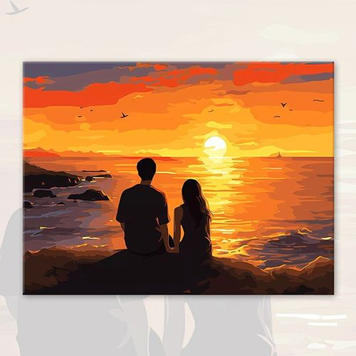 情侣夕阳海边diy满钻带框手工贴画钻石画七夕情人节礼物卧室摆件