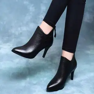 高跟鞋2018女靴秋冬季细跟短靴尖头真皮鞋新款春秋季小跟裸靴加绒