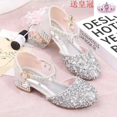 公主鞋银色儿童高跟鞋女演出走秀主持皮鞋女童软底女孩水晶鞋礼服