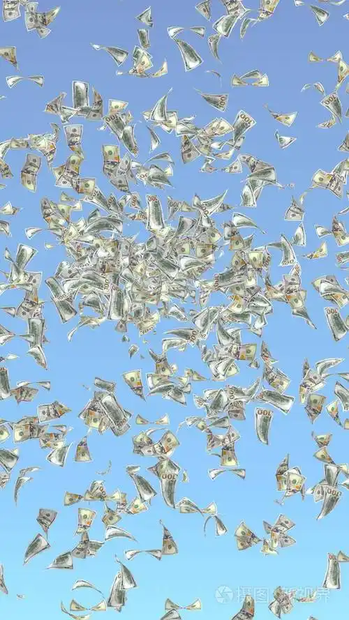 蓝色背景上孤立的飞扬美元钞票钱在天上飞100张美国钞票新样品三维