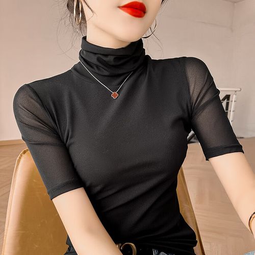 凝艋春季堆堆领打底小衫女秋衣黑色打底衫内搭五分袖网沙长高领莫代尔
