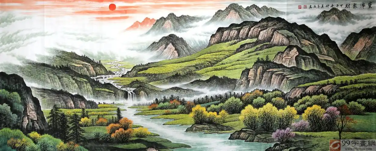 宁良成小八尺聚宝盆风水画《宝潭聚财》 - 聚宝盆山水画 - 99字画网