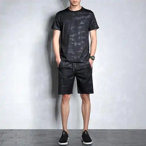 男士夏季运动套装男短袖短裤新款韩版潮流冰丝休闲运动迷彩套装