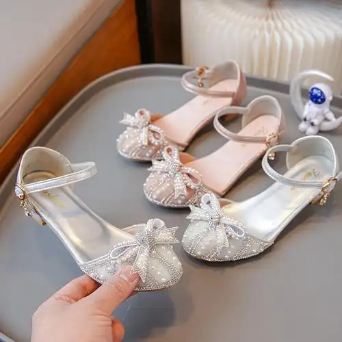 女童半凉鞋夏季2024新款时尚韩版公主鞋中大童女孩水钻儿童高跟鞋