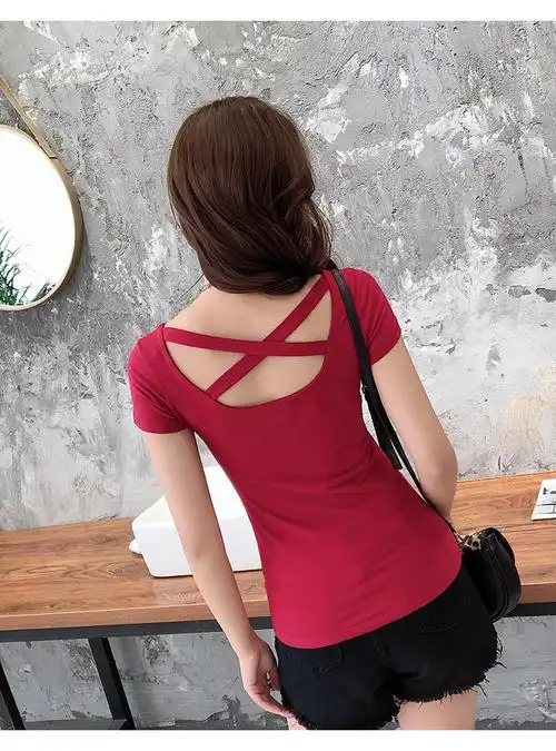 山朵棉后背交叉带短袖t恤女u领棉质修身显瘦露背镂空小性感灰色m