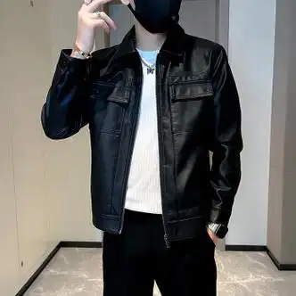 春秋季工装皮衣男潮牌痞帅翻领皮夹克新款男装机车服外套黑色m