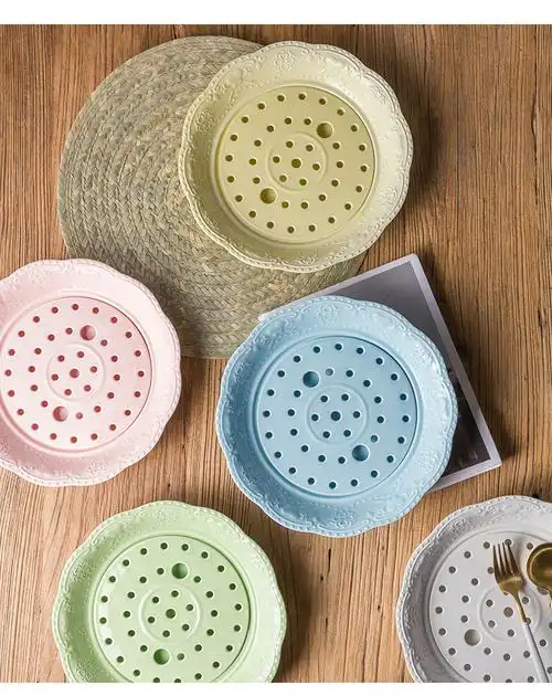 陶瓷饺子盘大号圆形沥水双层蒸饺盘骨瓷水饺托盘10英寸陶瓷家用盘