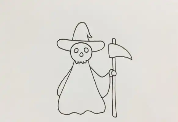 5,最后将死神手里拿着的镰刀用棕色与灰色涂好,死神的卡通形象就画好