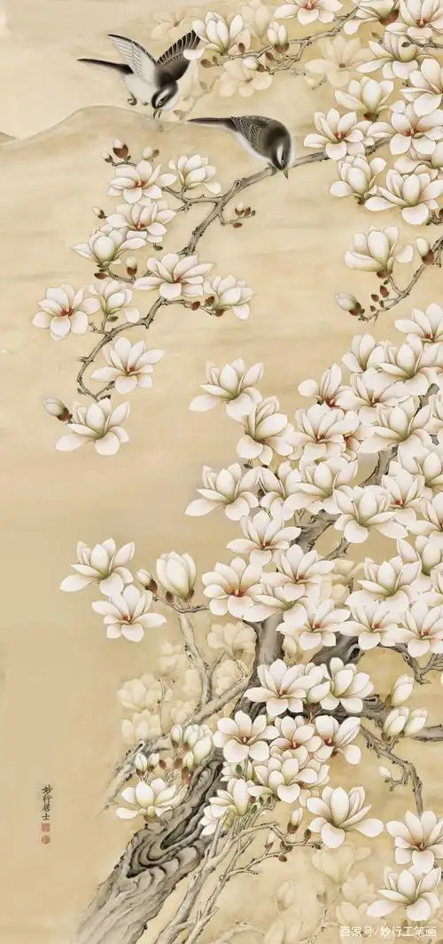 妙行居士手绘工笔画牡丹花白玉兰