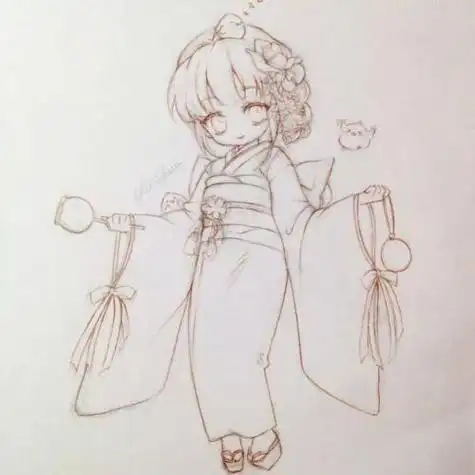 穿和服的少女简笔画q版