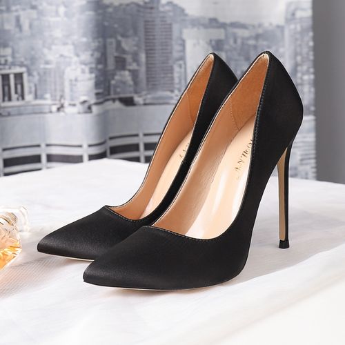 12cm裸色真丝性感超细跟高跟鞋女10cm尖头浅口黑色绸缎面ol女鞋