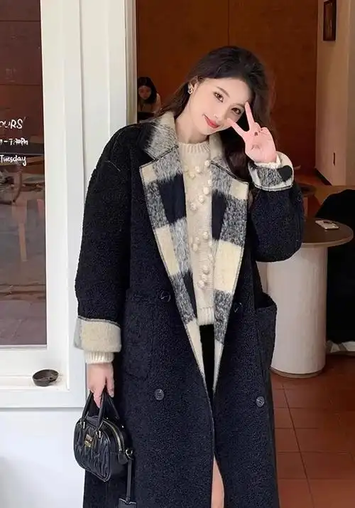 1023#2023年秋冬中长款大版黑白大格子两面穿一体毛呢外套女潮 - 17网