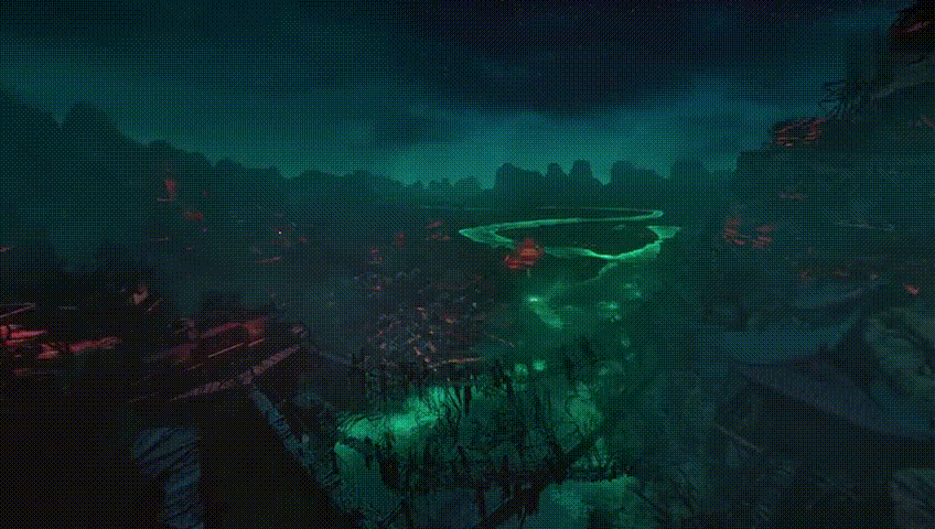 魔界呢,色调是异域风格,闪烁着绿色极光的"忘川河",神秘又诡异.