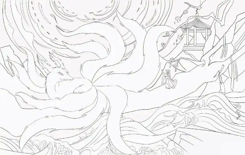 山海经九尾狐线稿原创插画
