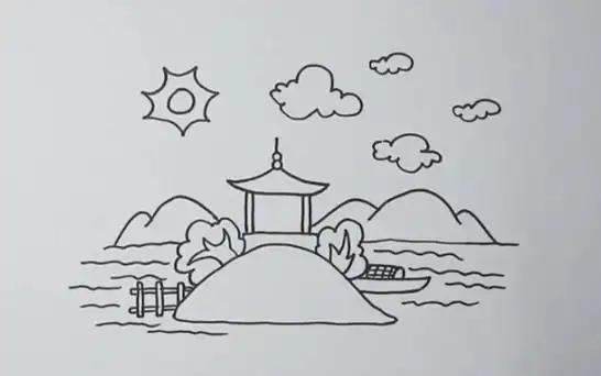 湖中小亭风景简笔画步骤图片山水风景简笔画带颜色简笔画怎么画乡村