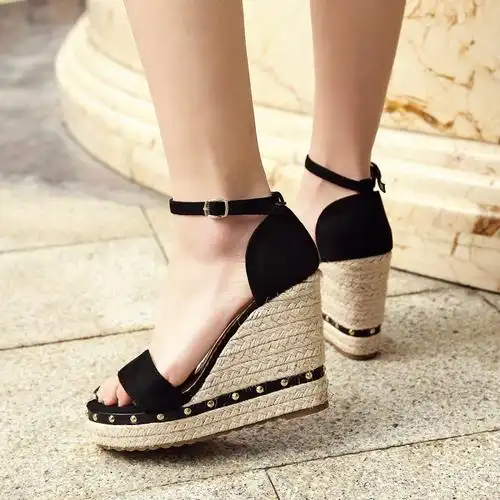 薇姬桑妮草编坡跟厚底凉鞋女夏2017新款防水台性感露趾一字带高跟凉鞋
