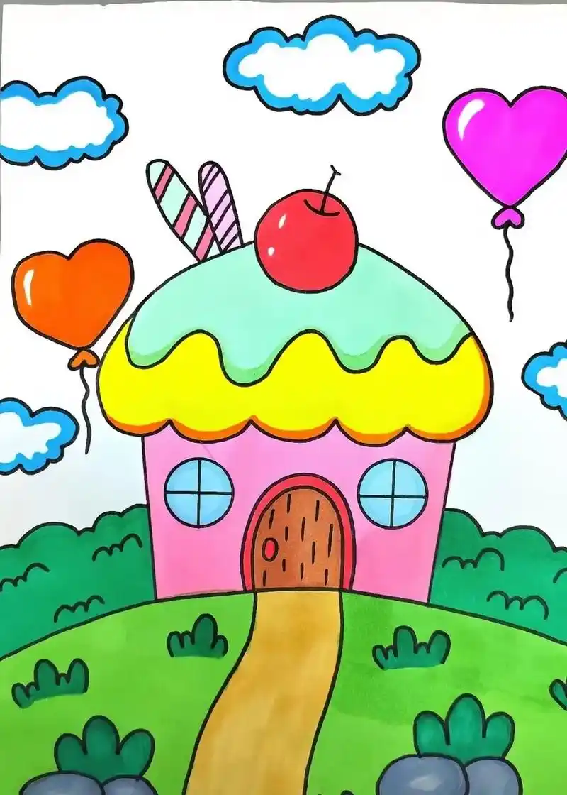 简单漂亮的纸杯蛋糕房子创意画来咯