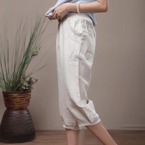 特价夏款薄亚麻女裤休闲斯琴系列宽松大码七分直筒裤子松紧高腰