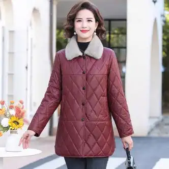 柒貔轻奢品牌中老年女妈妈冬装皮棉衣外套中长款棉服洋气大码厚棉袄酒