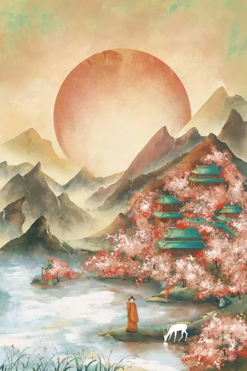 白鹿 人 笛子 湖水 亭子 #古风插画 - 抖音