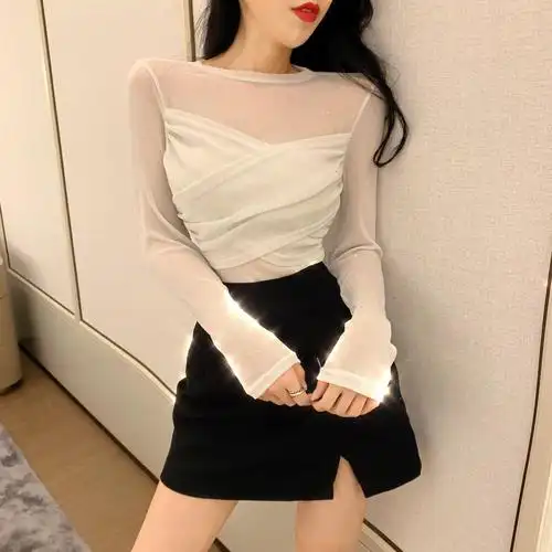 气质直播t恤透视上衣紧身上镜打底