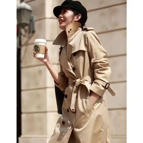 (今日8折)2022秋款重工中长款风衣女双排扣腰带英伦风藏青色防水防污