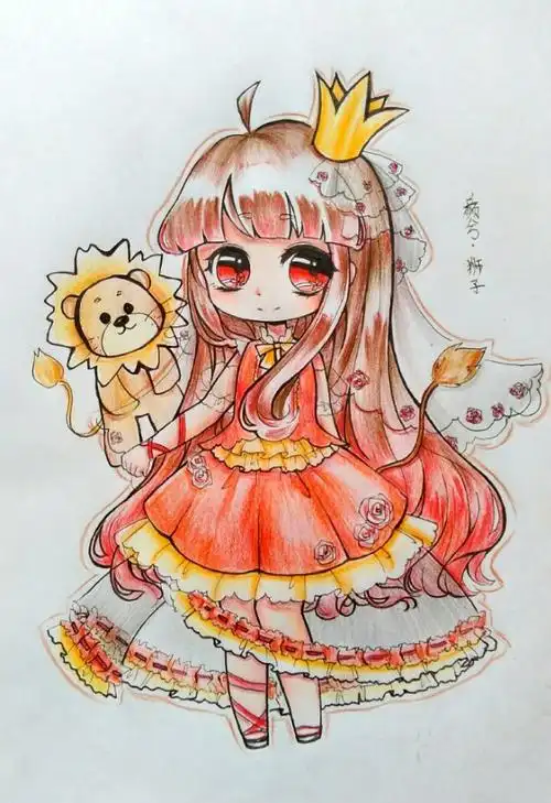手绘彩铅q版女孩狮子座