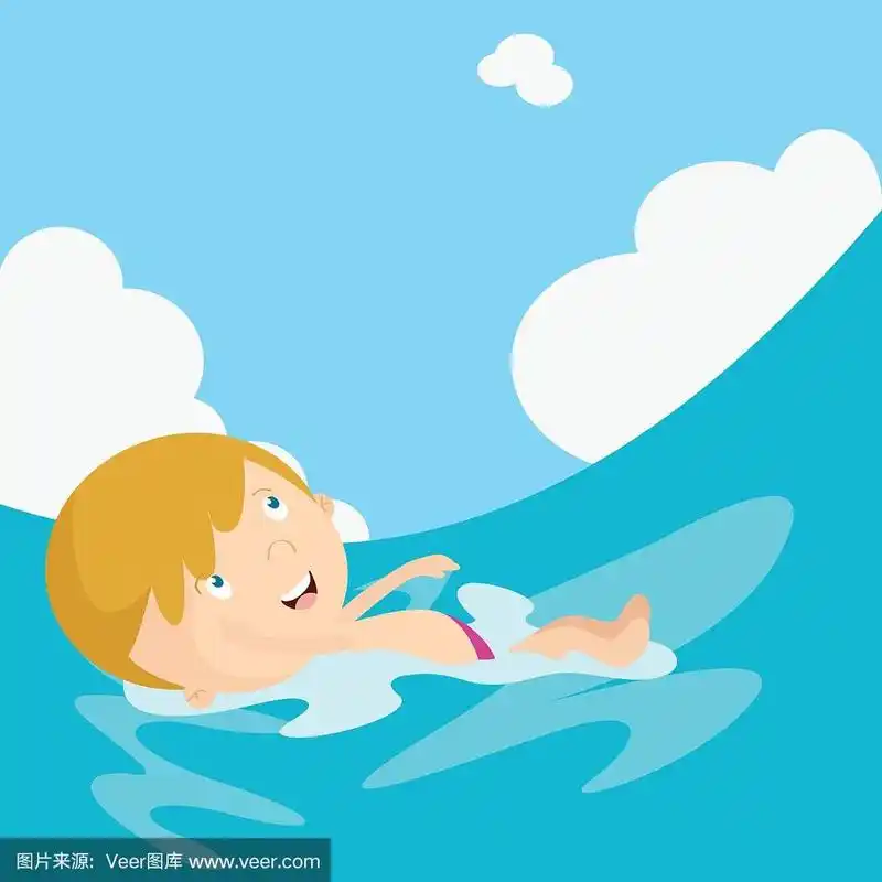 可爱的小男孩在海滩附近的浅海里游泳,而在夏天的海滩度假,卡通人物