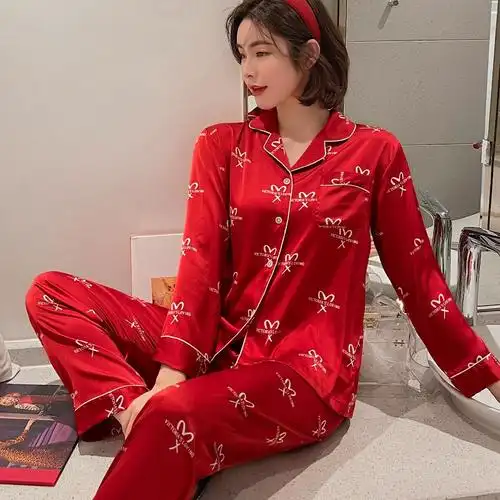 结婚喜庆大q红色冰丝睡衣女士秋季2021年新款春秋装薄款真丝绸长