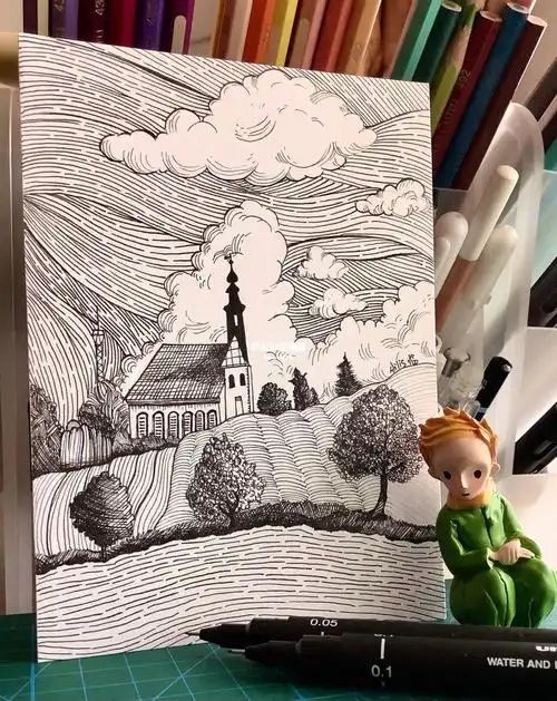 临摹针管笔手绘风景