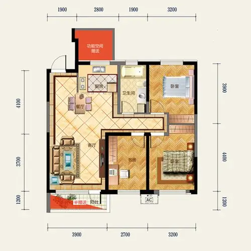 高层108平3室2厅1卫c户型