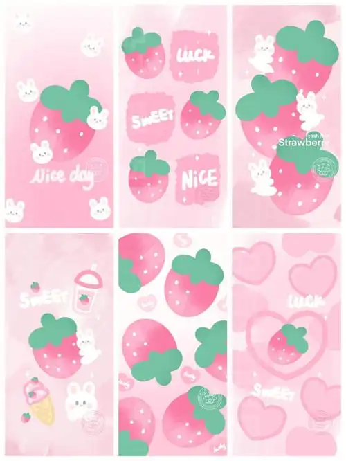 88100画画打卡原创粉色渐变草莓小兔壁纸