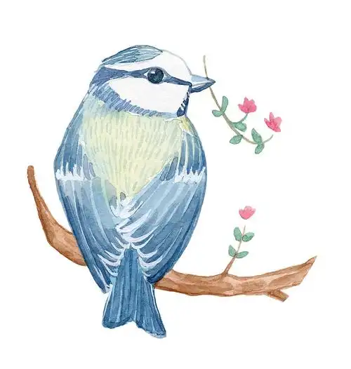 一只小鸟站在树枝上衔着花枝 水彩手绘插画插画下载