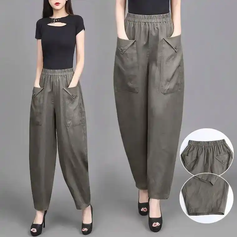 纯亚麻灯笼裤纯色休闲棉麻哈伦裤女宽松显瘦大码九分裤子 朋友们