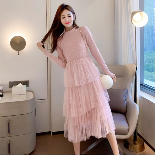 超仙_女生仙仙的粉色纱裙长袖子连衣裙仙女秋冬仙气甜美超仙长款网纱